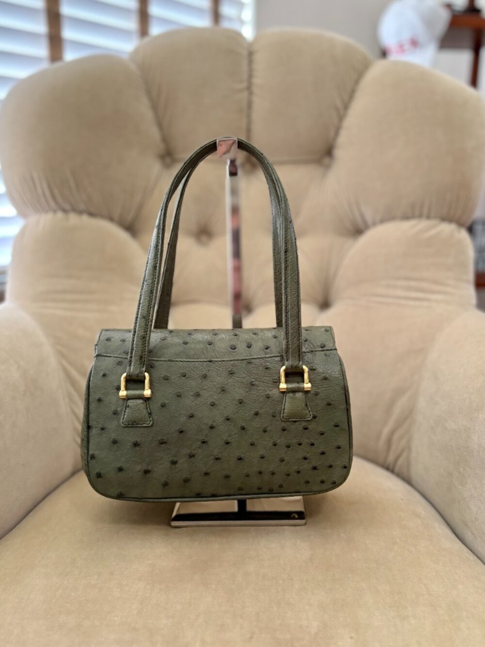 Auth SANTA MARIA Italy Genuine Ostrich Khaki Green Satchel Tote Bag...GORGEOUS! - Picture 5 of 8